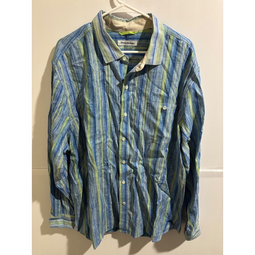 Tommy Bahama Mens XXL Blue Green Striped Linen Cotton Button Down Shirt Long